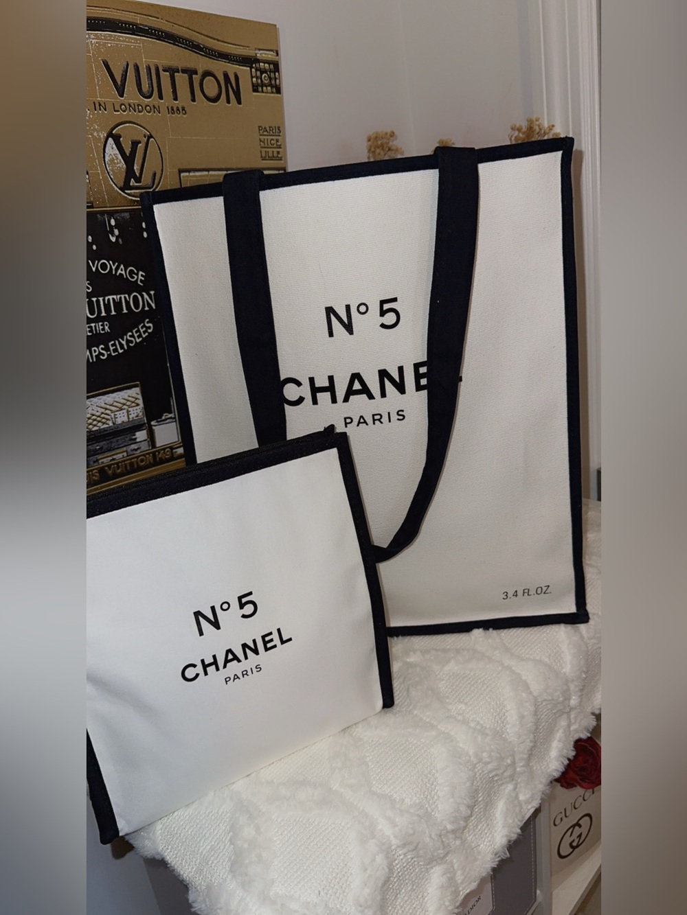Chanel N°5 100th Anniversary White & Black Canvas Tote Bag and makeup pouch